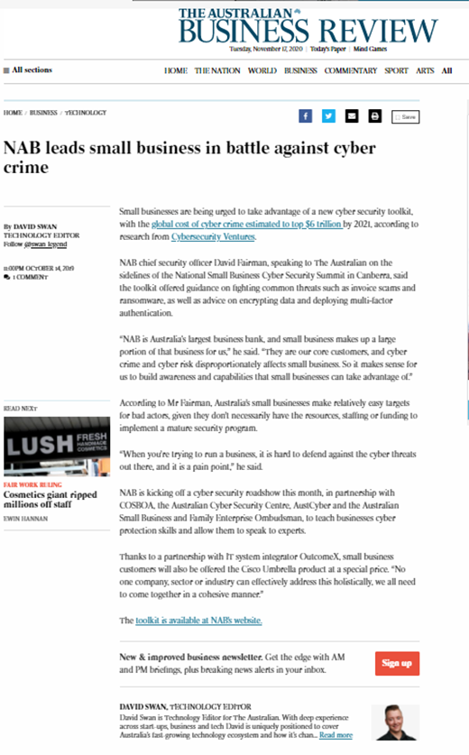 NAB Cyber Security online article in The Australian newspaper
